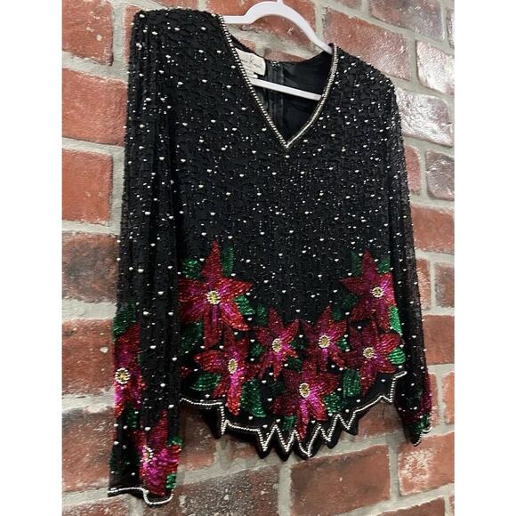 Vintage Laurence Kazar Black Beaded Silk Top Poinsettia Flowers Size Large - Picture 2 of 9